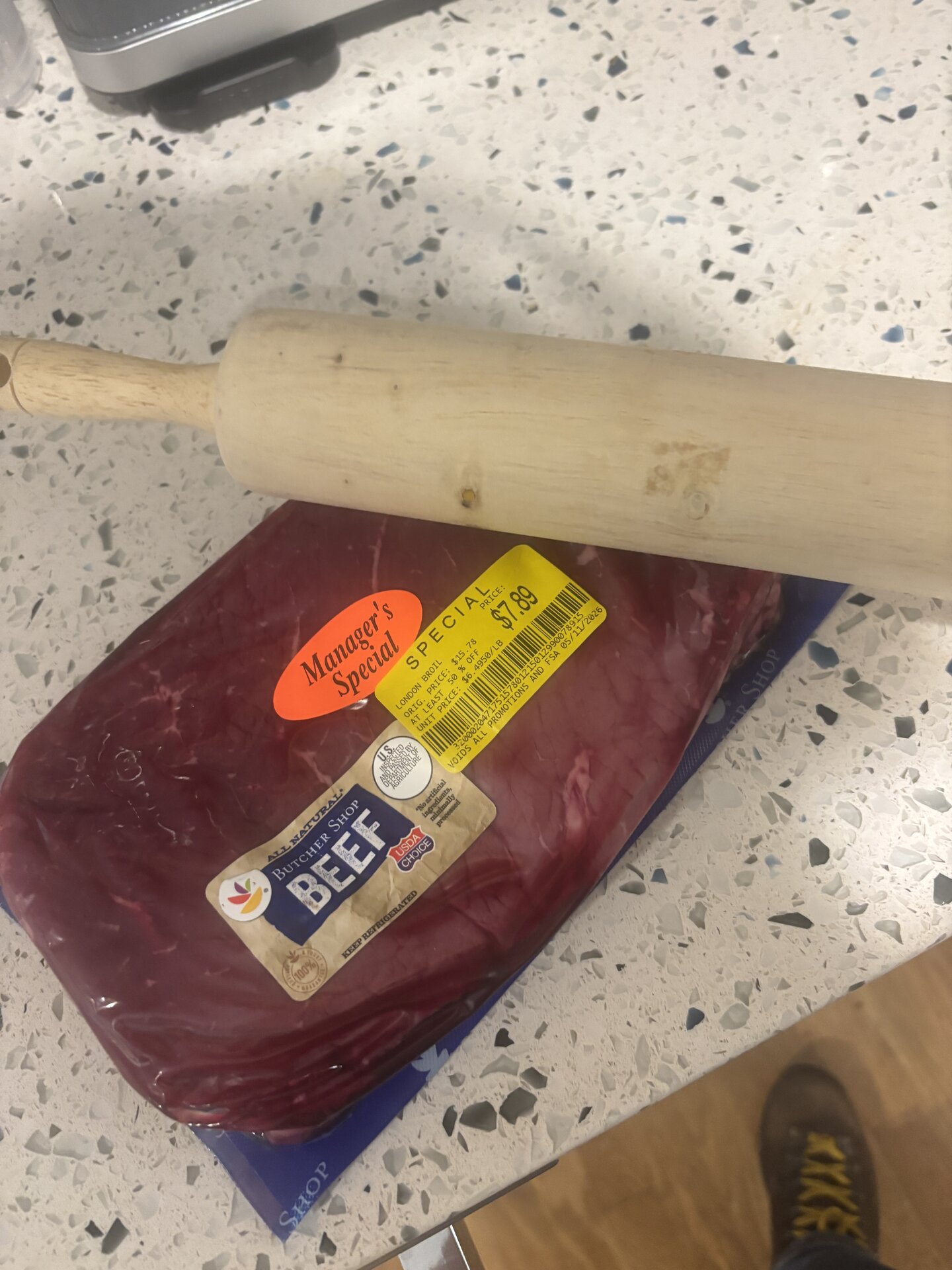 manager&rsquo;s special london broil on counter with rolling pin